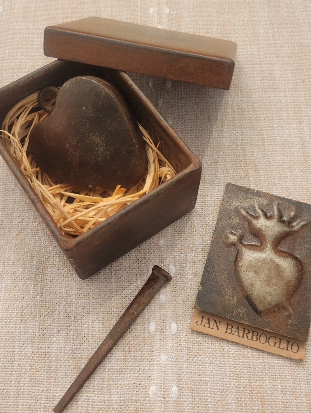 Jan Barboglio Iron Forged Heart With Nail with Rustic Box